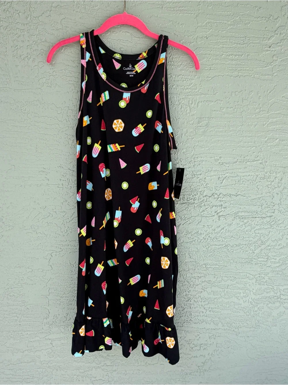 Cuddl Duds Black Nightgown with Bright Fruit & Popsicle Print Sz M NWT